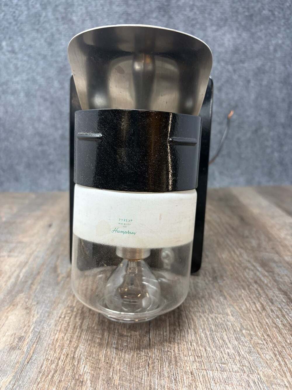 Humphrey VTG Wall Light Pyrex Glass Shade Black Metal-electric convert untested